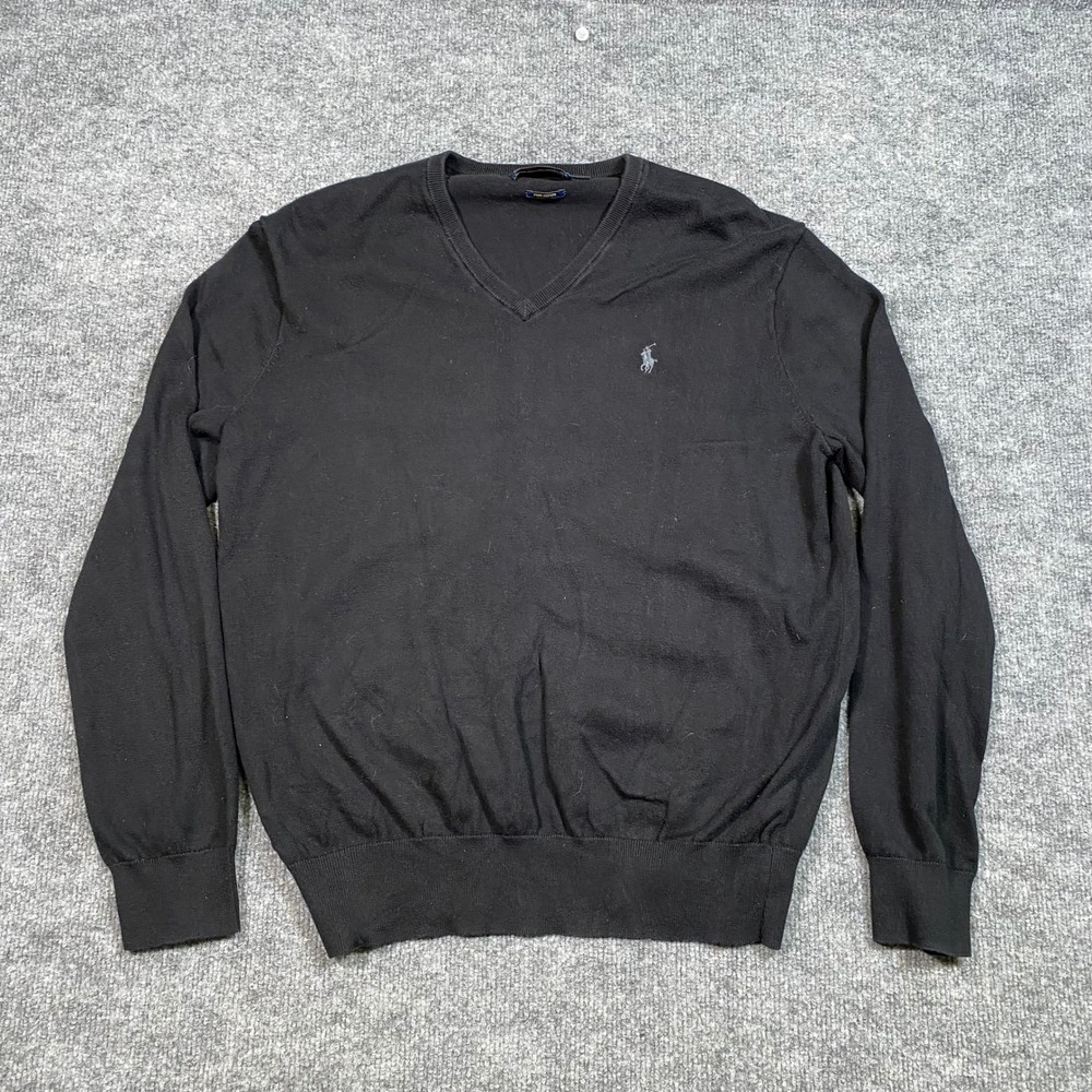 Polo Ralph Lauren Mens Black Pima‎ Cotton V-Neck Sweater Size M Pony Logo